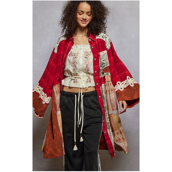 POL Floral Plaid Print Velvet Lace Button Down Long Shirt - Picture 1 of 5